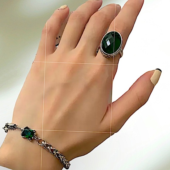 Sterling Silver Emerald Zircon Bracelet Matching Emerald Zircon Statement Ring - Picture 2 of 7